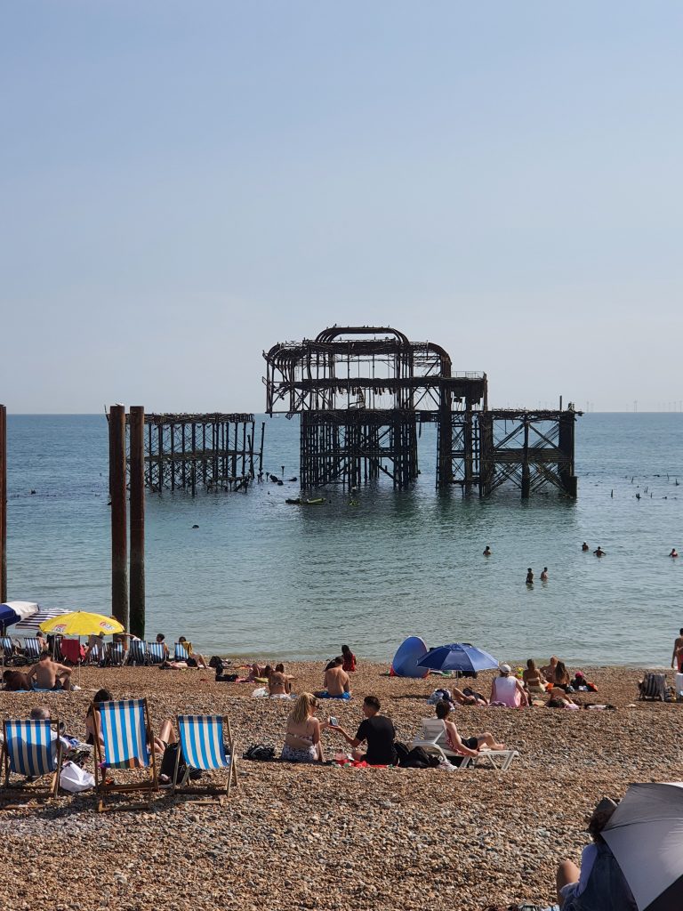 The skeleton remains of the old West Pier during a sunny summer weekend in Brighton