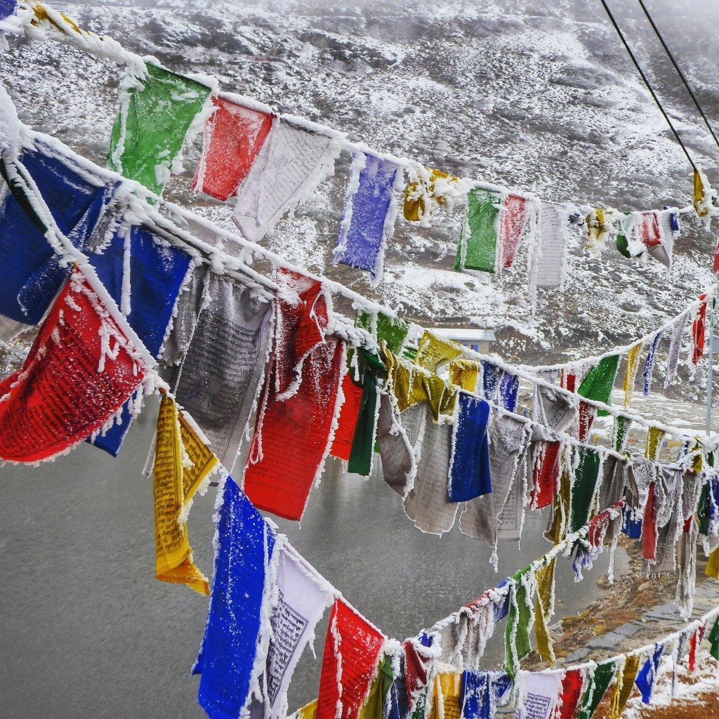frozen colourful tibetan prayer flags in tawang