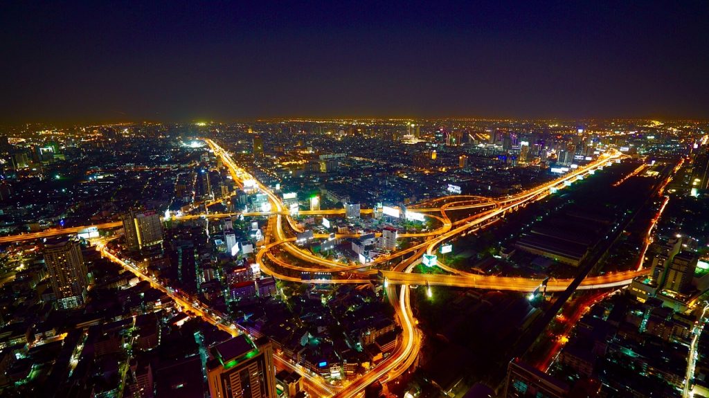 Bangkok skyline and traffic at night