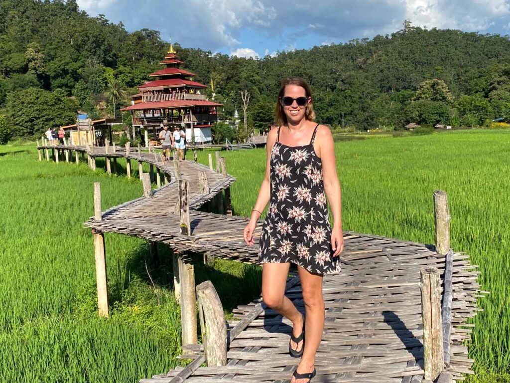 anna on the bamboo bridge in pai
